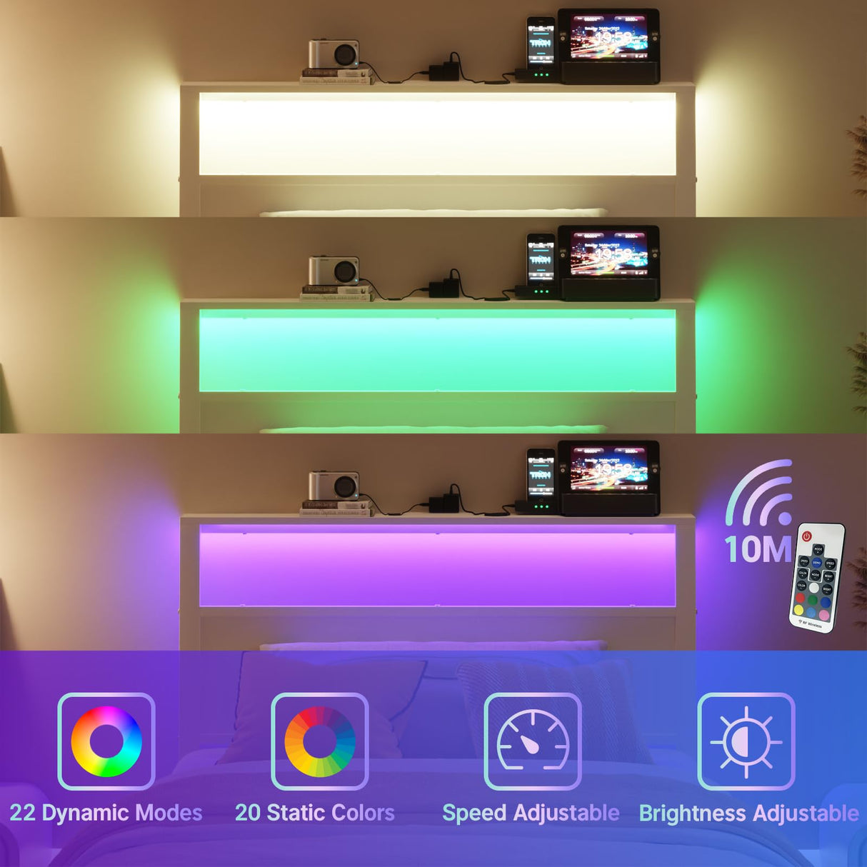 Weehom Twin Bed Frames with Headboard Shelf Storage, Wood Twin Bed Frame with Charging Station and LED Lights, No Box Spring Needed Twin Size Metal Bed Frame for Kids Students, White Weehom