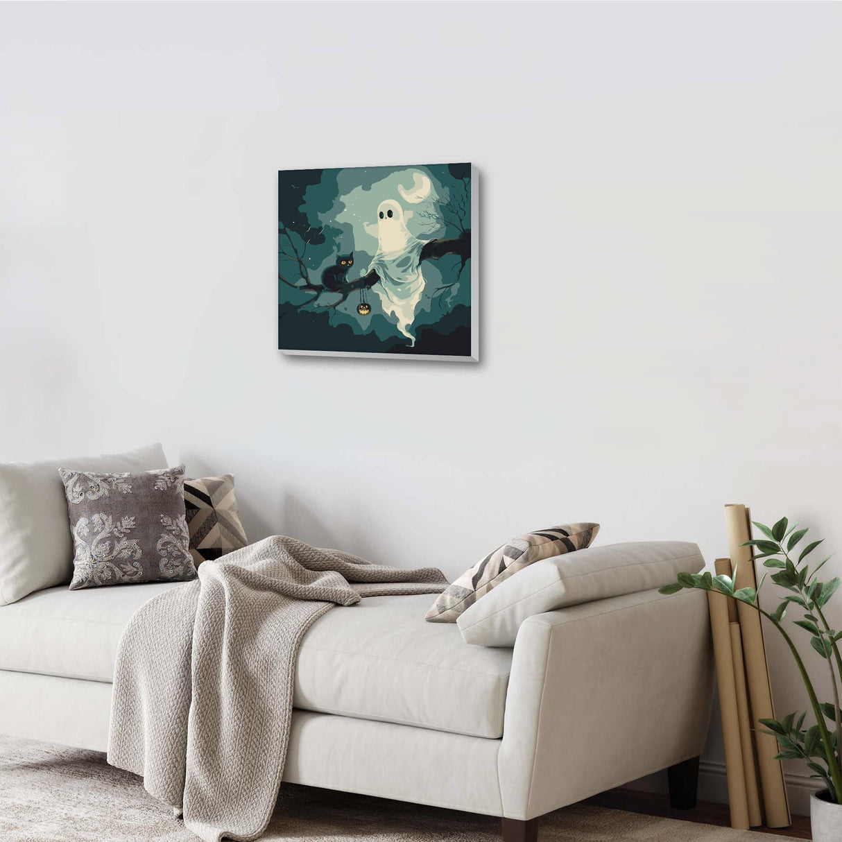 Ginfonr Framed Paint by Numbers Kit for Adults, Halloween Ghosts Acrylic Painting on Canvas, Cat Oil Painting for Beginner with Brushes, Adults Paint-by-Number for Home Wall Decor (8x8inch) Ginfonr