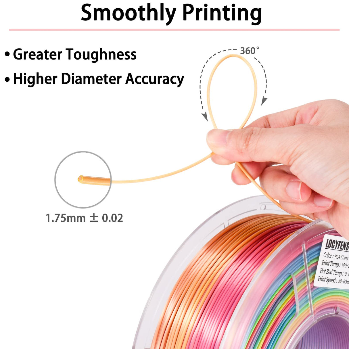 LOCYFENS Silk PLA Filament Multicolor, 3D Printer Filament Rainbow PLA Filament 1.75mm +/- 0.02mm, 3D Printing Filament 1kg/2.2lbs LOCYFENS