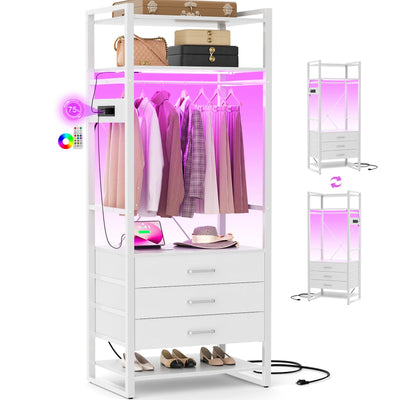 Cyclysio 75 '' Tall Garment Rack with 3 Fabric Drawers, 4-Tier Clothing Rack with Power Outlets & LED Lights, Closet System with Shoe Rack & Shelves for Small Spaces, White