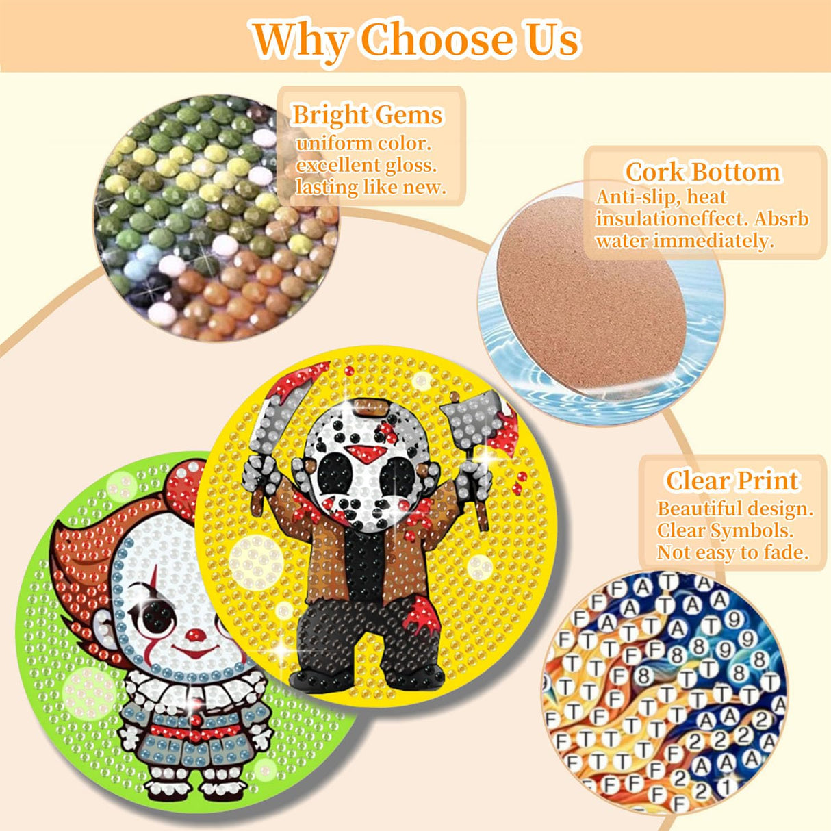 8 PCS Halloween Diamond Art Coasters Kit-Horror Diamond Painting Coasters Kits with Holder for Beginners,Crafts Kits for DIY Coaster for Adults as Gift Home Decors Arttoplus