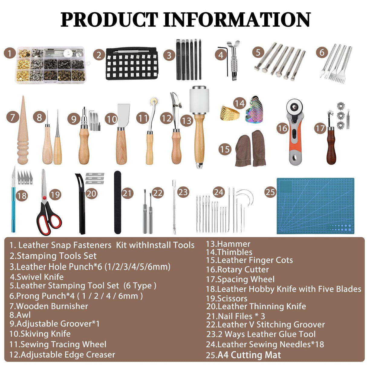 SOCNITC Leather Craft Tools, Leather Working Kit with Snaps and Rivets Kit Stamping Tools Stitching Groover Waxed Thread Punch Hole for Leathercraft Adults, Beginners SOCNITC