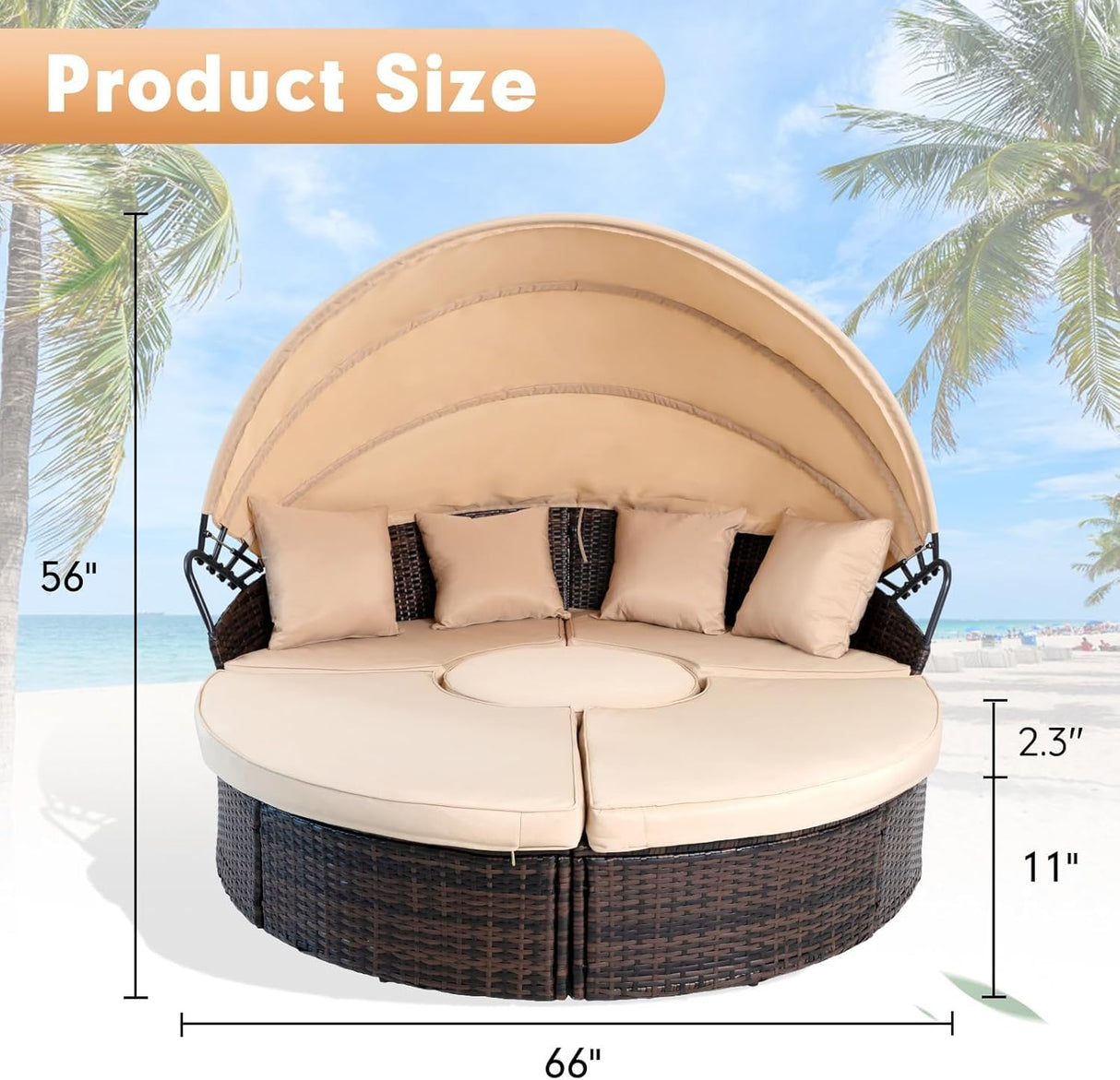 SUNCROWN Outdoor Patio Round Daybed with Retractable Canopy, Wicker Sofa Furniture Clamshell Sectional Seating with Cushions,Backyard, Porch, Brown SUNCROWN
