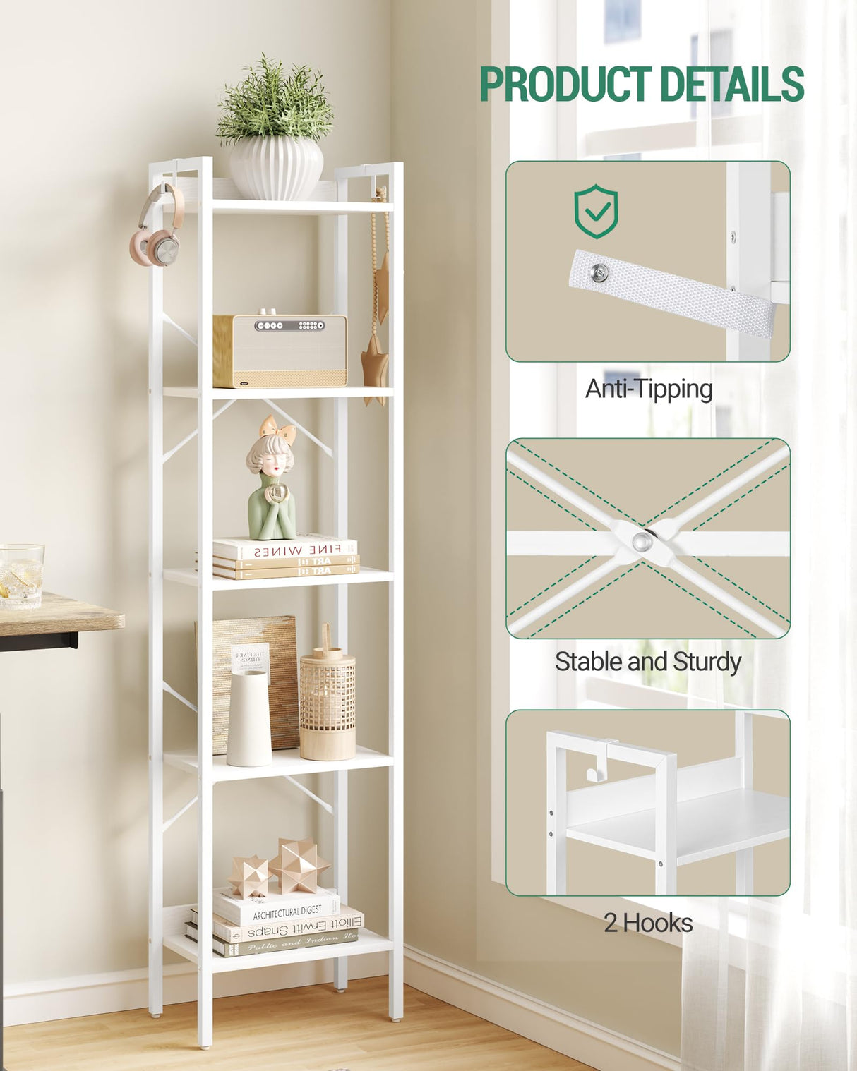 Hzuaneri Bookshelf, Book Shelf, Industrial Bookcase with 2 Hooks, Coner Shelf Storage Organizer for Home Office, Living Room, Bedroom, Kitchen, 5-Tier White BC10513W Hzuaneri