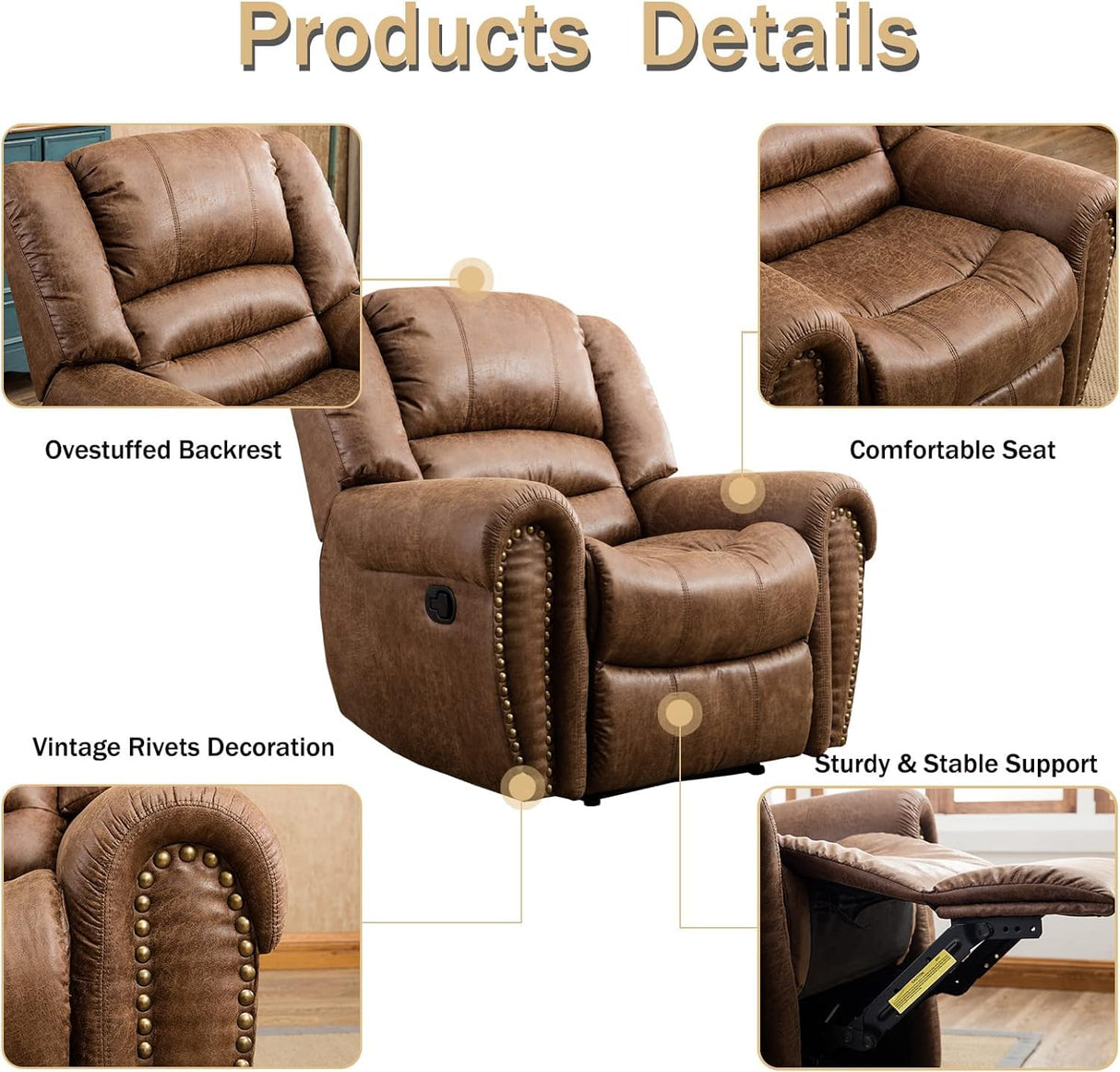 CANMOV Leather Recliner Chair Set of 2, Classic and Traditional Manual Recliner Chair with Comfortable Arms and Back,Manual Single Recliner Sofa for Living Room, Nut Brown CANMOV