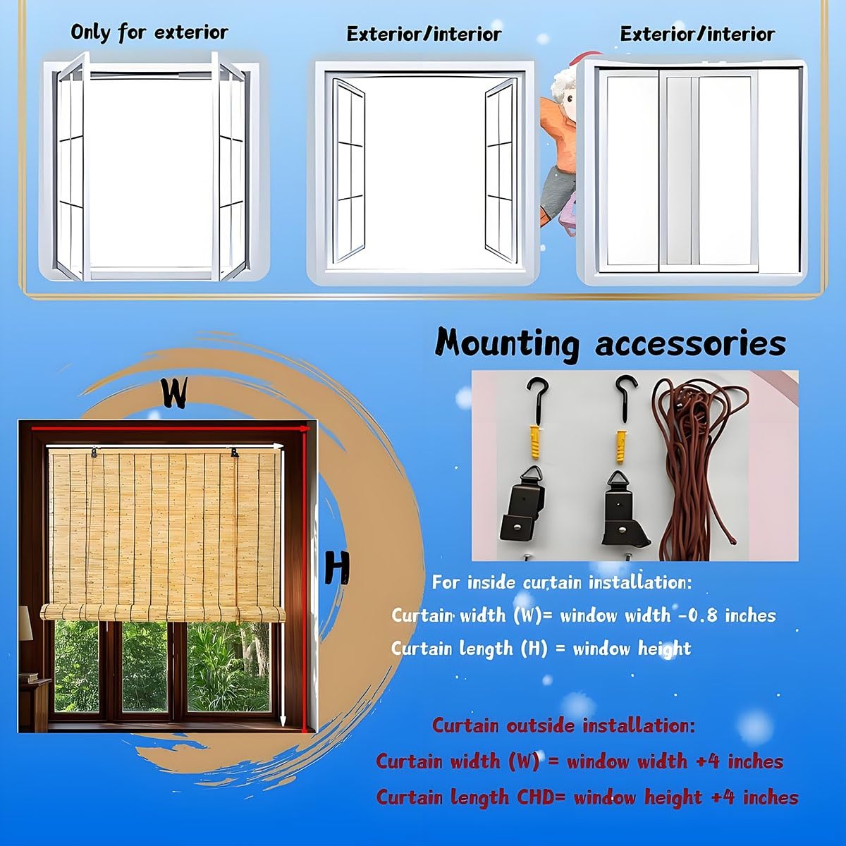 Bamboo Blinds Hand-Woven Roller Blinds Outdoor Bamboo Shades for Patio Porch Outdoor/Indoor Privacy 36x25in 27×59in Brown(Natural Black Line,38" W x 46" H) WoodArtSupply