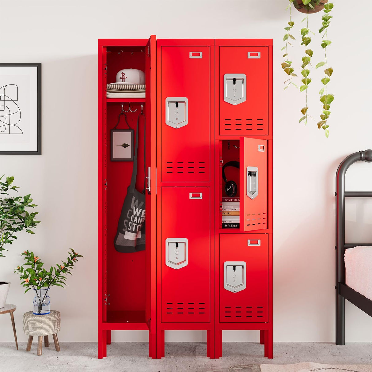 SAPITAL Metal Locker with 3 Doors Employees Locker, Metal Storage Locker with Hooks, 66" Storage Cabinet Lockers for Employees, Home, Office, Gym Requires Assembly (Red) SAPITAL