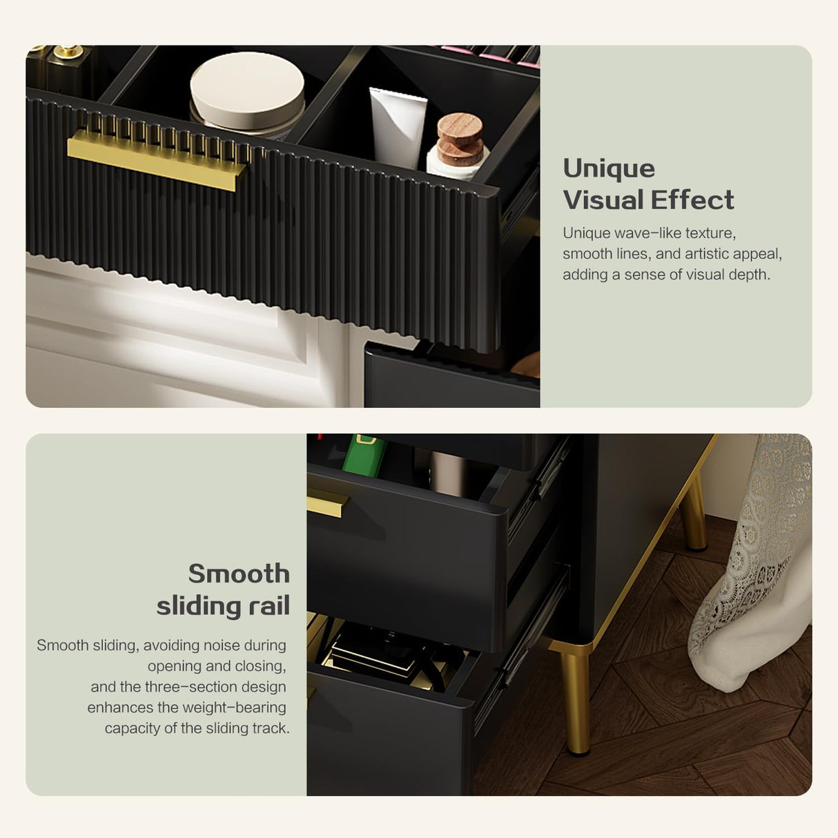 Chrangmay 47.24" Big Modern Vanity Desk with Mirror and Lights,Makeup Vanity Desk with 5 Drawers and Storage Shelves & Power Outlet,Dressing Table with Glass Top, Black Chrangmay