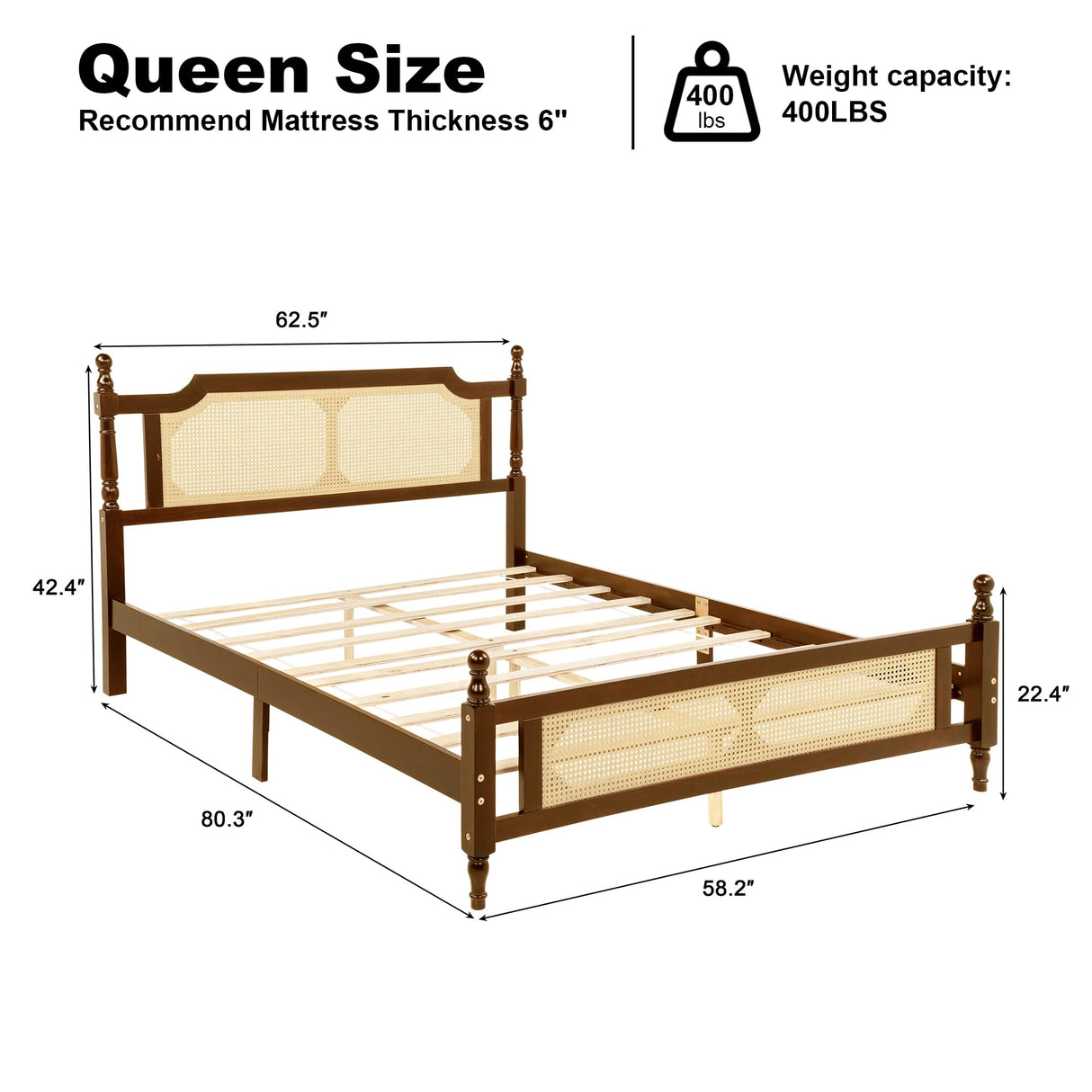SmartEdge Queen Size Rattan Bed Frame, Wood Platform Bed with Rattan Headboard and Footboard, Antique Queen Boho Bed Frame with Storage Underneath, No Box Spring Needed, Walnut SmartEdge