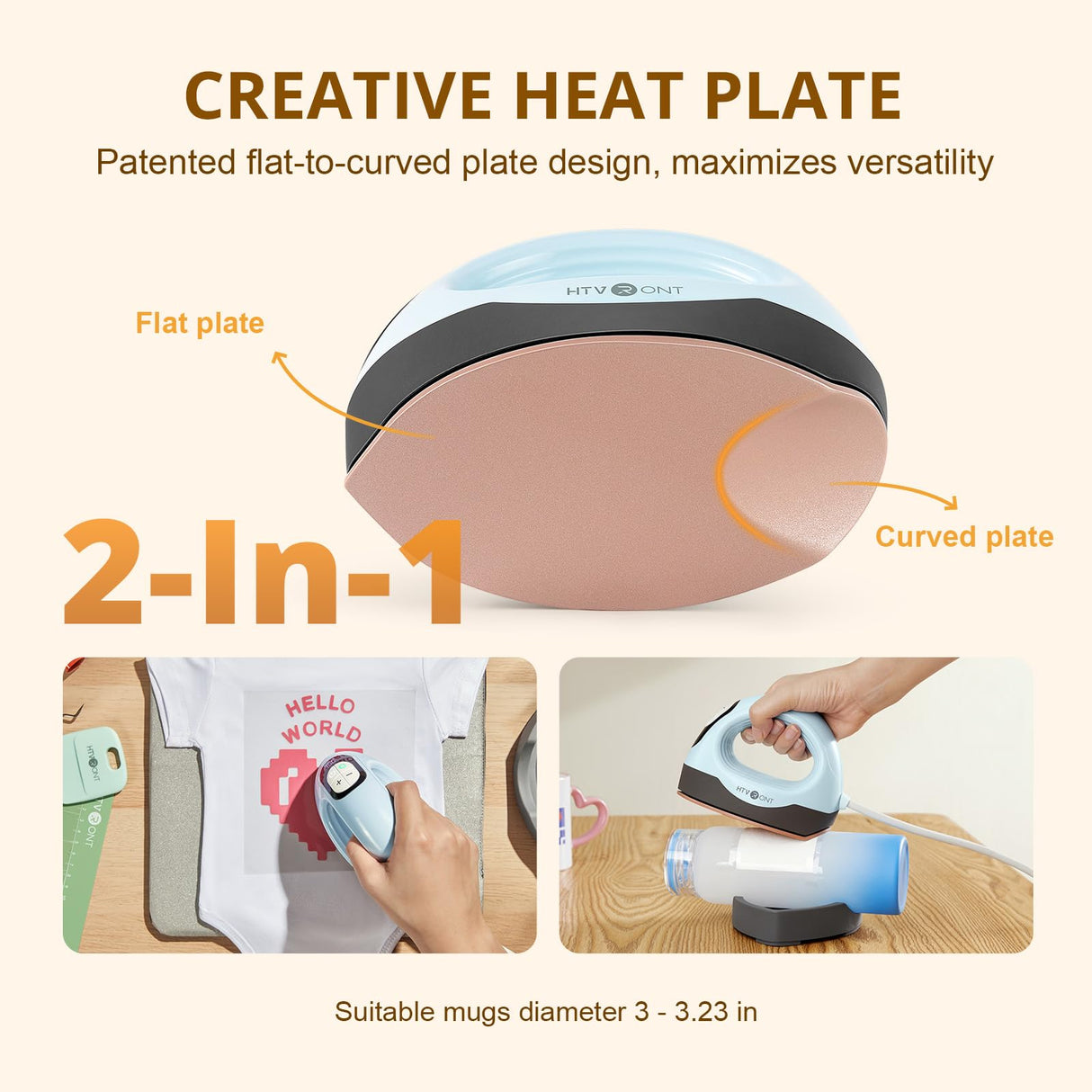 HTVRONT Mini Heat Press - 3 in 1 Heat Press Machine for T-Shirts Mugs Hats with Customized Temp & Time, Larger Curved Flat Heat Plate, Mini Iron Digital Display Memory Function Insulated Base HTVRONT
