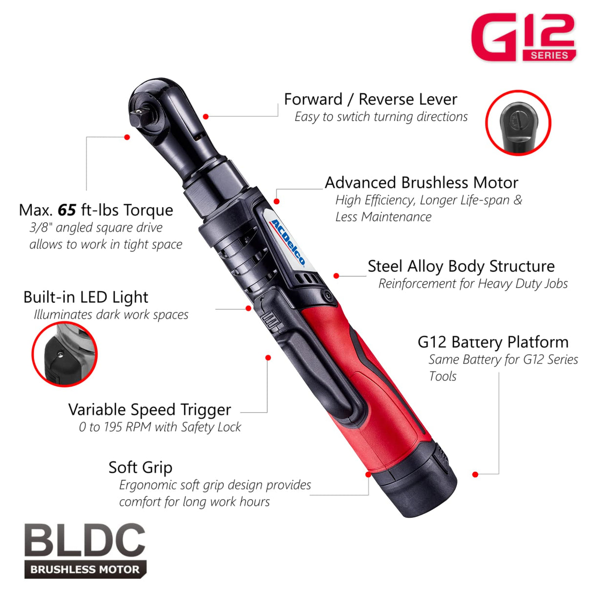 ACDelco ARW1210-3P G12 Series 12V Cordless Li-ion 3/8” 65 ft-lbs. Brushless Ratchet Wrench Tool Kit ACDelco