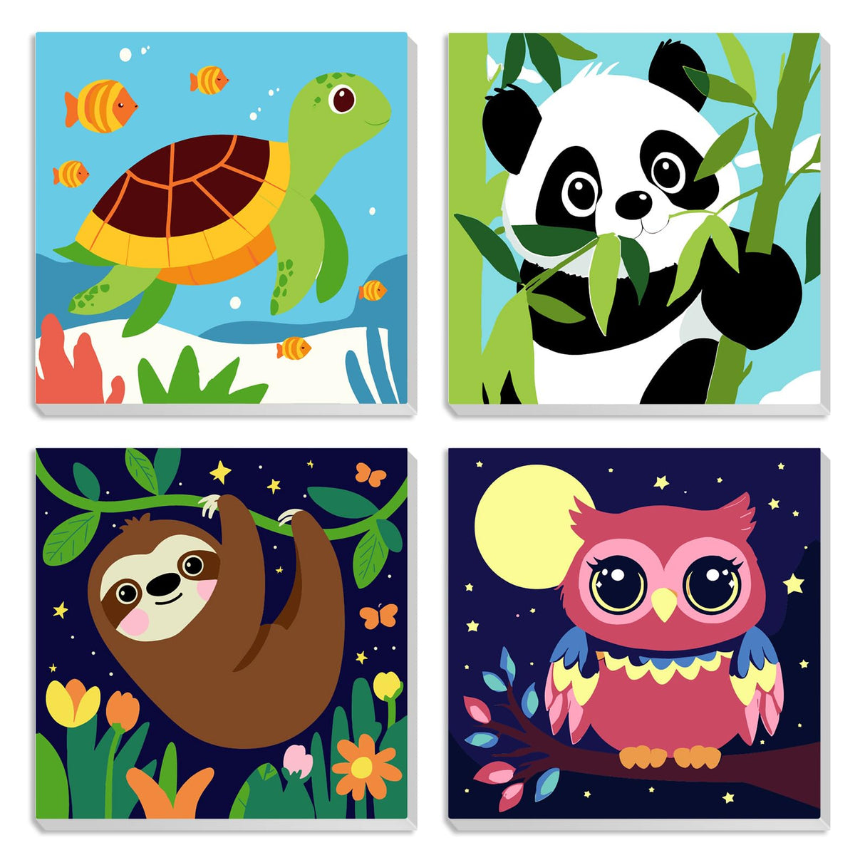 MXJSUA 4 Pack Framed Canvas Paint by Numbers for Kids Adults, Cute Pandas Paint by Numbers Kit for Children Beginners, DIY Acrylic Painting Craft Kits for Home Wall Decor, 8x8 inch MXJSUA