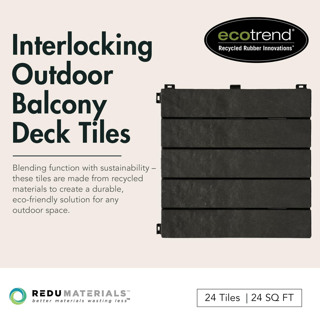 EcoTrend 24-Pack 12”x12” Interlocking Deck Floor Tiles, Slate Black – Rubber & Plastic Outdoor Flooring for Patio, Porch, Balcony, Pool Area, Garden, Garage or Backyard – Modular Decking Grid Panels Multy Home