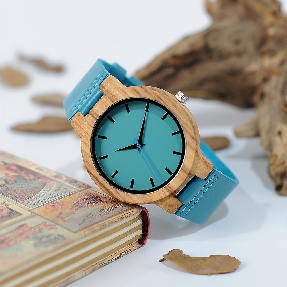 BOBO BIRD Men's Bamboo Wooden Watch with Blue Cowhide Leather Strap Casual Watches for Groomsmen Gift with Box BOBO BIRD
