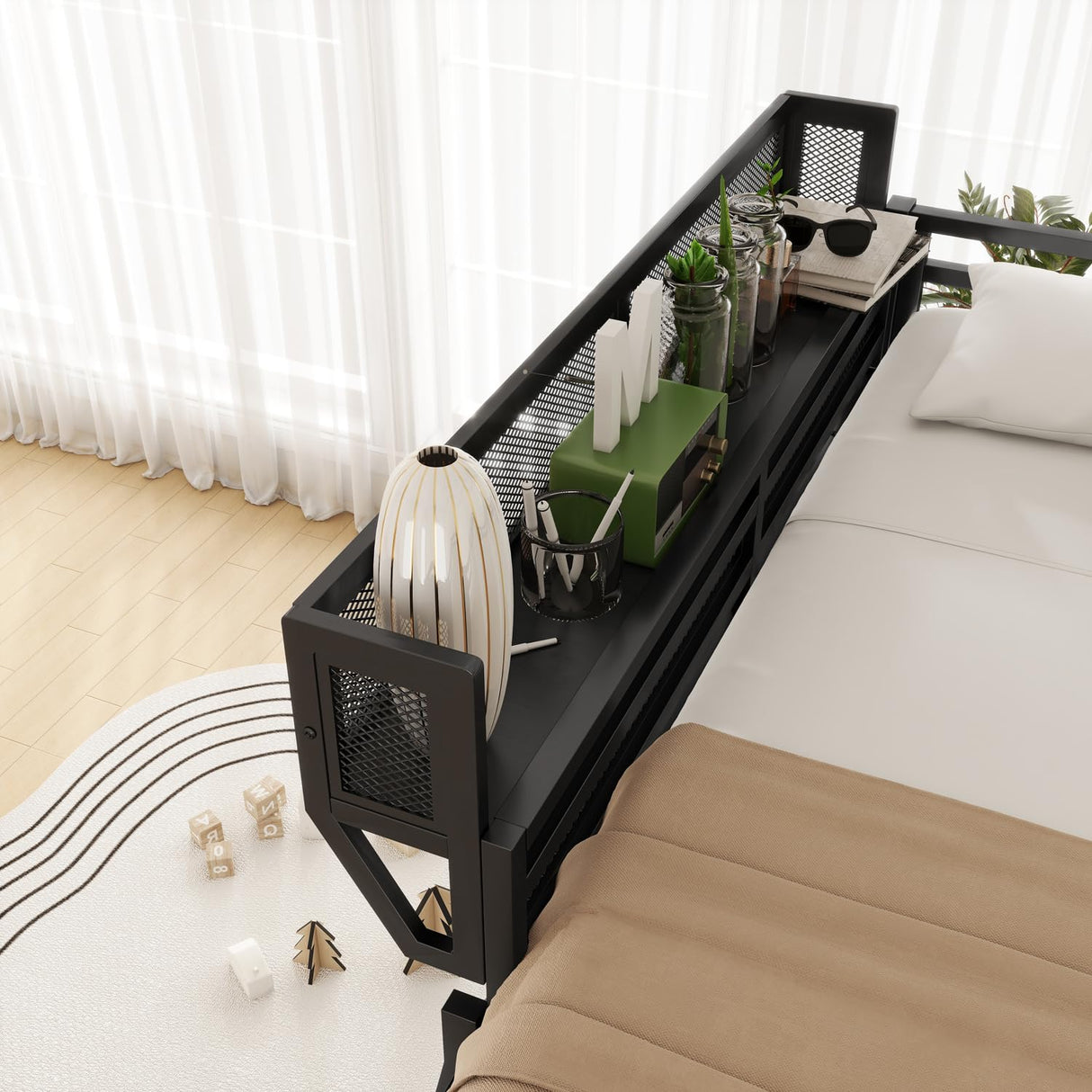 YHUBHSIS Queen Size Loft Bed with Ladder and Large Under-Bed Space, Black Metal Loft Bed with Storage Shelves, Heavy Duty Metal High Bedframe w/Safety Guardrails for Kids Teens (Black, Queen) YHUBHSIS