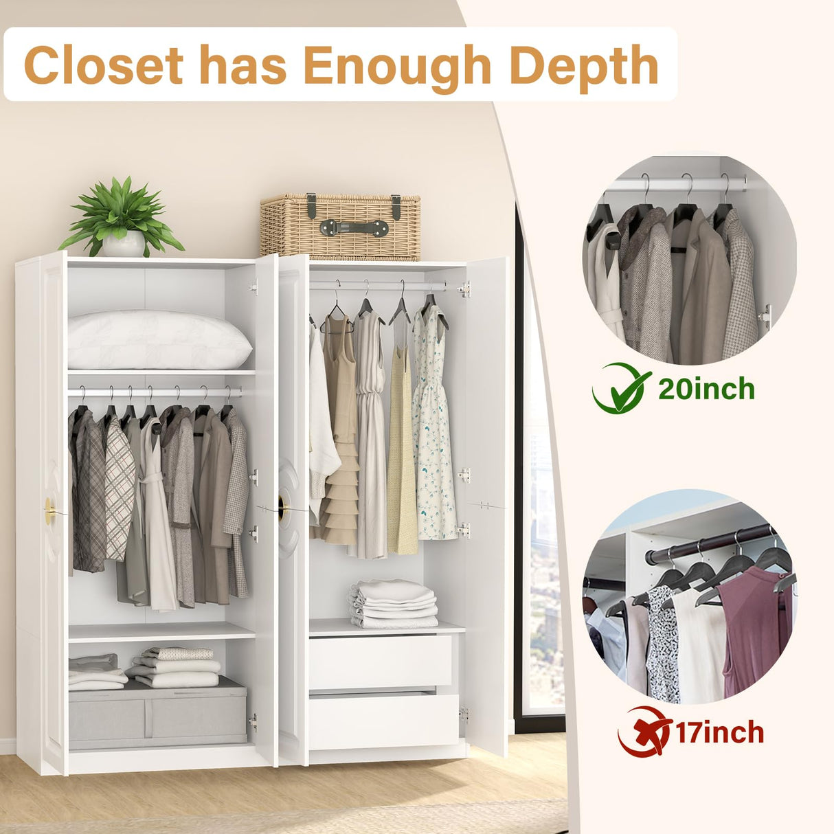 Wakefit Armoire Wardrobe Closet, 4 Doors Wooden Wardrobe Closet Cabinet, 71" Bedroom Armoires with Hanging Rod Shelf, Freestanding Wardrobe Cabinet for Bedroom, Guest Room, White Wakefit