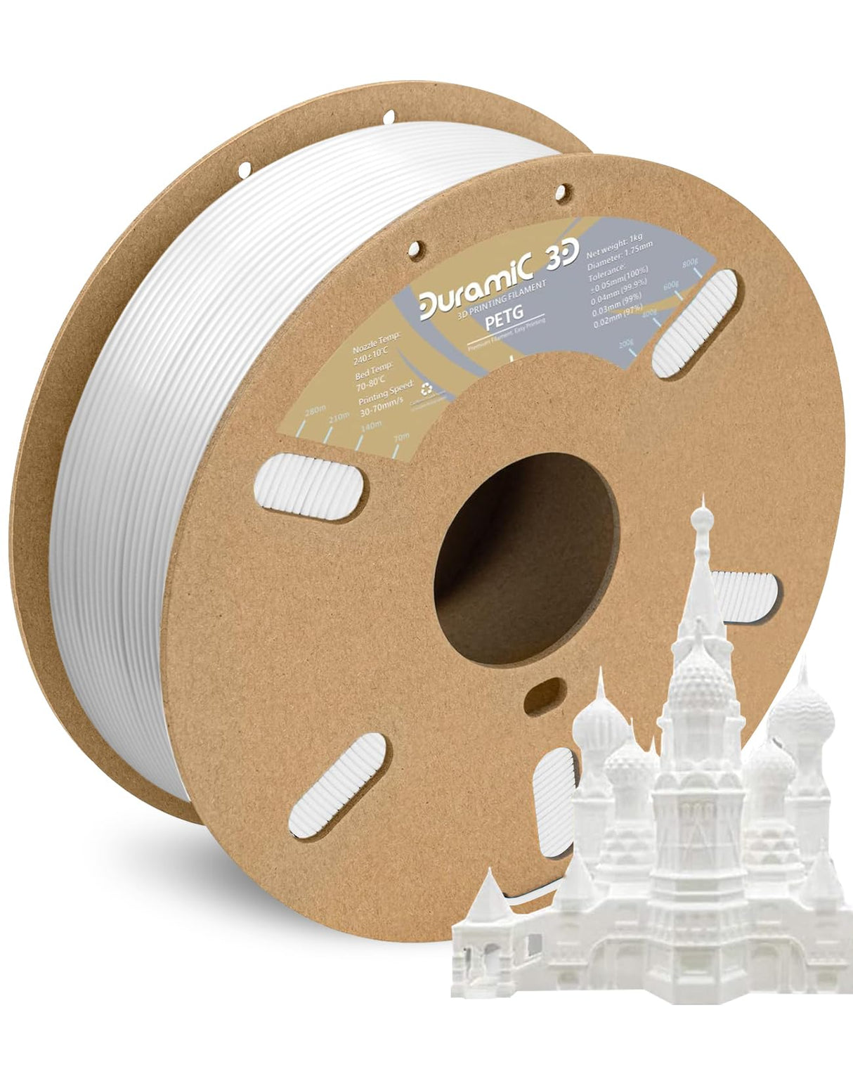 DURAMIC 3D PETG Filament 1.75mm White, 3D Printing Filament 1kg Spool(2.2lbs), White Filament 1.75mm Dimensional Accuracy +/- 0.05 mm Non-Tangling Non-Clogging Non-Stringing DURAMIC 3D