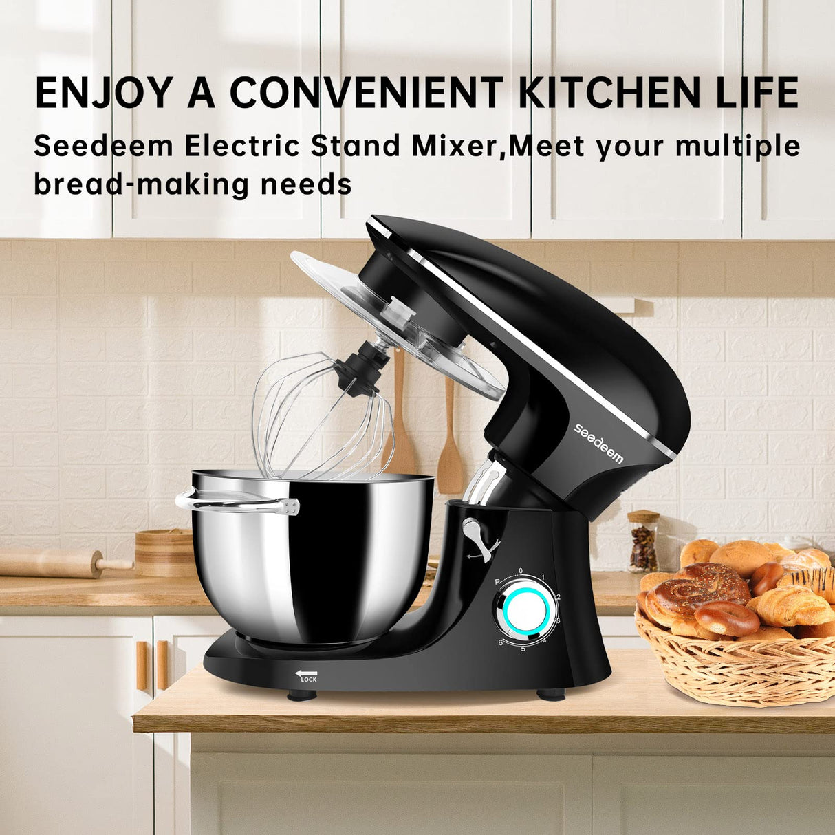 Seedeem Stand Mixer, 6Qt Electric Food Mixer, 660W 6-Speeds Tilt-Head Dough Mixers with Dishwasher-Safe Dough Hook, Wire Whip & Beater for Daily Use, Black SEEDEEM