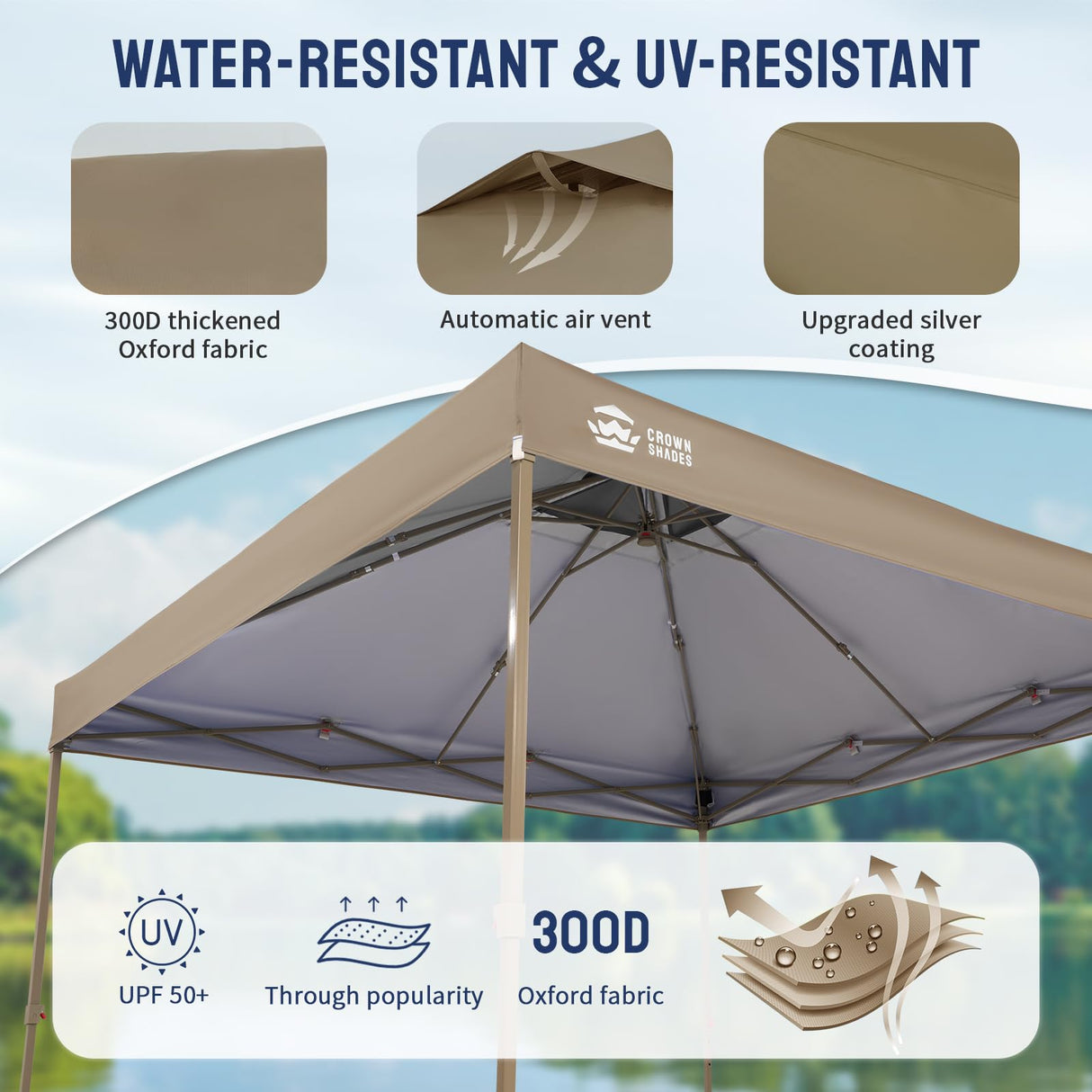 CROWN SHADES 10x10 Pop up Canopy Tent, Pop Up Gazebo with Mosquito Netting, 4 Ropes, 8 Stakes, 4 Sandbags, Wheeled Storage Bag, 10x10 Outdoor Canopy for Patio, Yard (Beige) CROWN SHADES