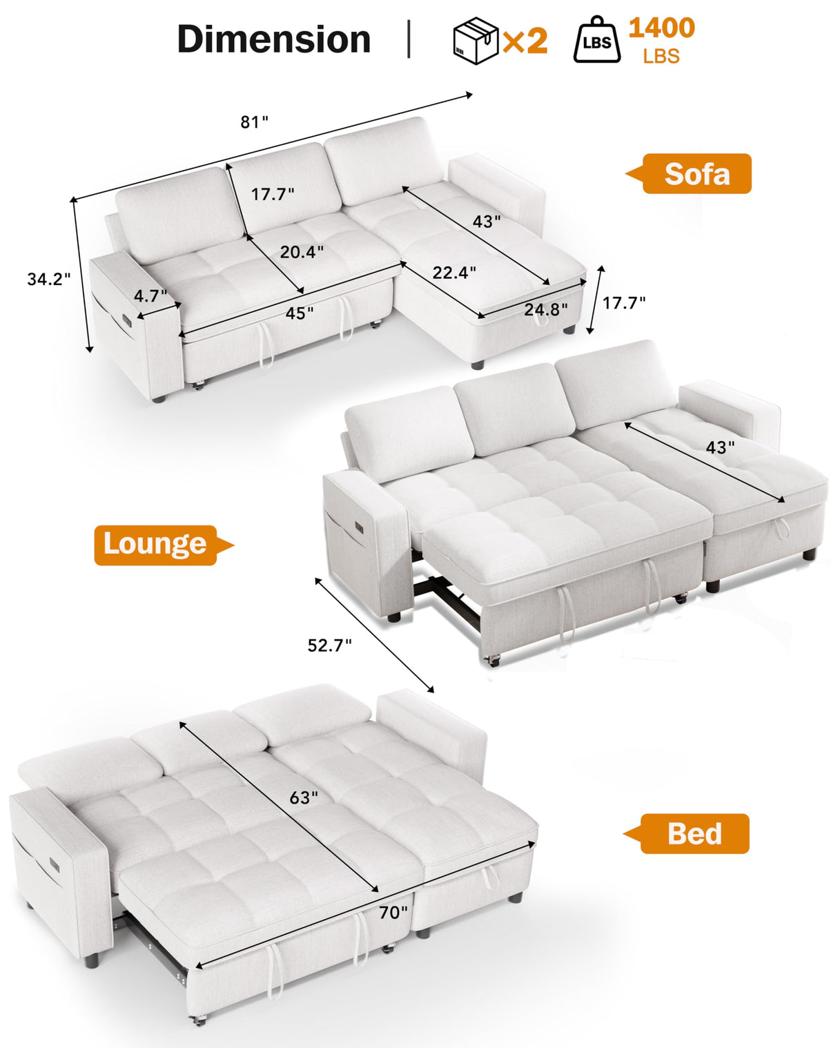 Vipbear 81" Sectional Sleeper Sofa Bed with Pull Out Bed, L Shaped Couch Sleeper Sofa, Pull Out Couch with Reclining Backrest, Reversible Storage Chaise, USB Ports, Tool-Free Assembly, Chenille Beige Vipbear