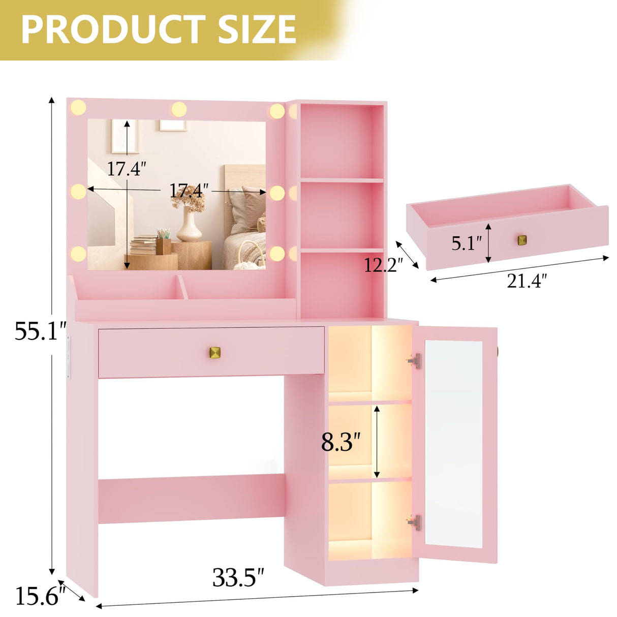Vanity Desk with Mirror and Lights, Small Makeup Vanity Table with RGB Storage Cabinet & Power Strips & Shelves, 3 Lighting Modes & Adjustable Brightness, Dressing Table for Women Girls Bedroom, Pink Xixini