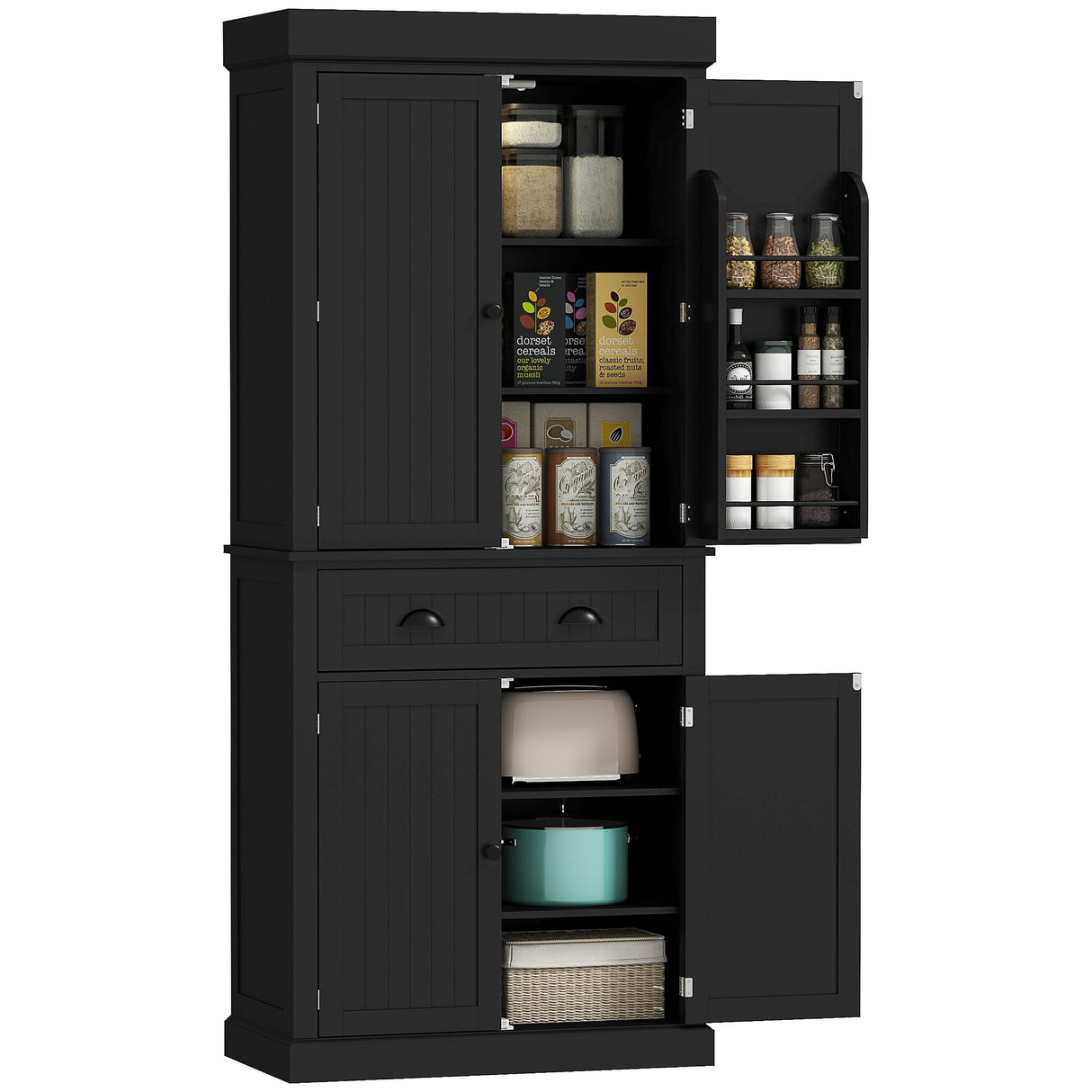 HOMCOM 71" Kitchen Pantry Cabinet with LED Motion Sensor Light, Tall Storage Cabinet with 6 Door Shelves, Drawer & Adjustable Shelves, for Living & Dining Room, Black HOMCOM