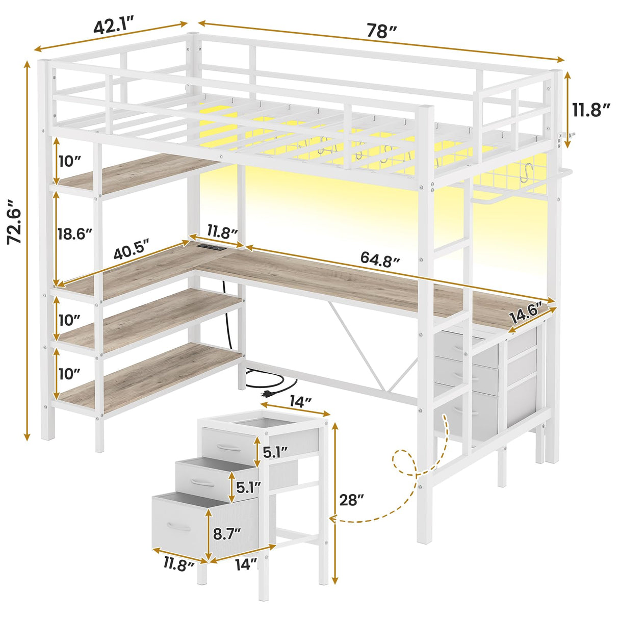 VIAGDO Loft Bed Twin Size with L-Shaped Desk, Charging Station and LED Lights, Twin Loft Bed with 4-Tier Bookshelf and 3 Drawers, Clothes Rail, Safety Guardrail&Ladder, No Box Spring Needed, White VIAGDO