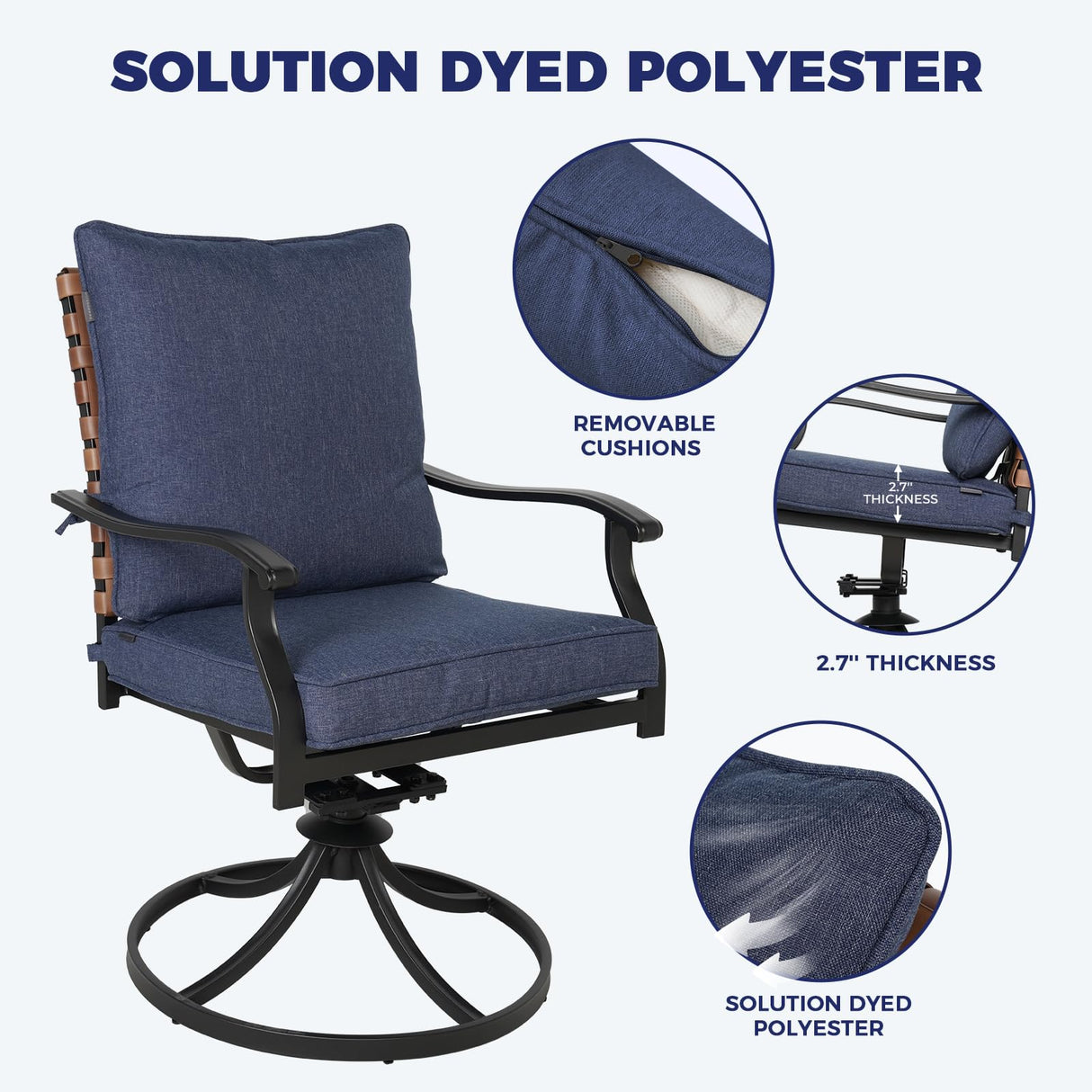 Grand patio 5-Piece Outdoor Dining Set, 4 Leather-Look Wicker Swivel Blue Patio Chairs & 1 Square Woodgrain Dining Table, Brown Grand patio