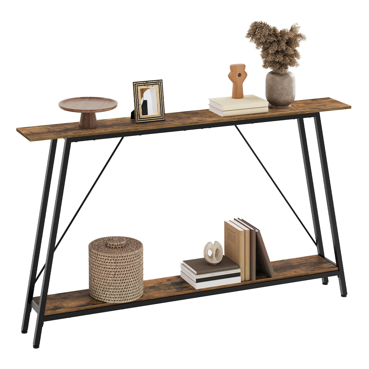 YATINEY 55" Narrow Console Table, Long Skinny Sofa Tables, Industrial Entryway Table, Behind Couch Table Skinny, 2-Layer Hallway Table for Entryway, Living Room, Foyer, Rustic Brown and Black CT14BR YATINEY