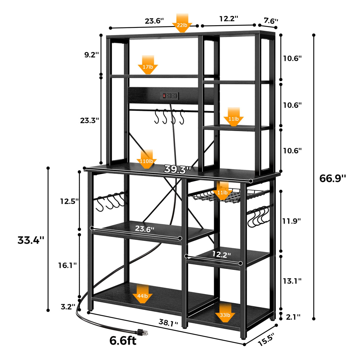 SUPERJARE Large Bakers Rack with Power Outlets, 6-Tier Microwave Stand, Coffee Bar with 12 S-Shaped Hooks, Kitchen Shelf with Wire Basket, 39.3 x 15.5 x 66.9 Inches, Black SUPERJARE