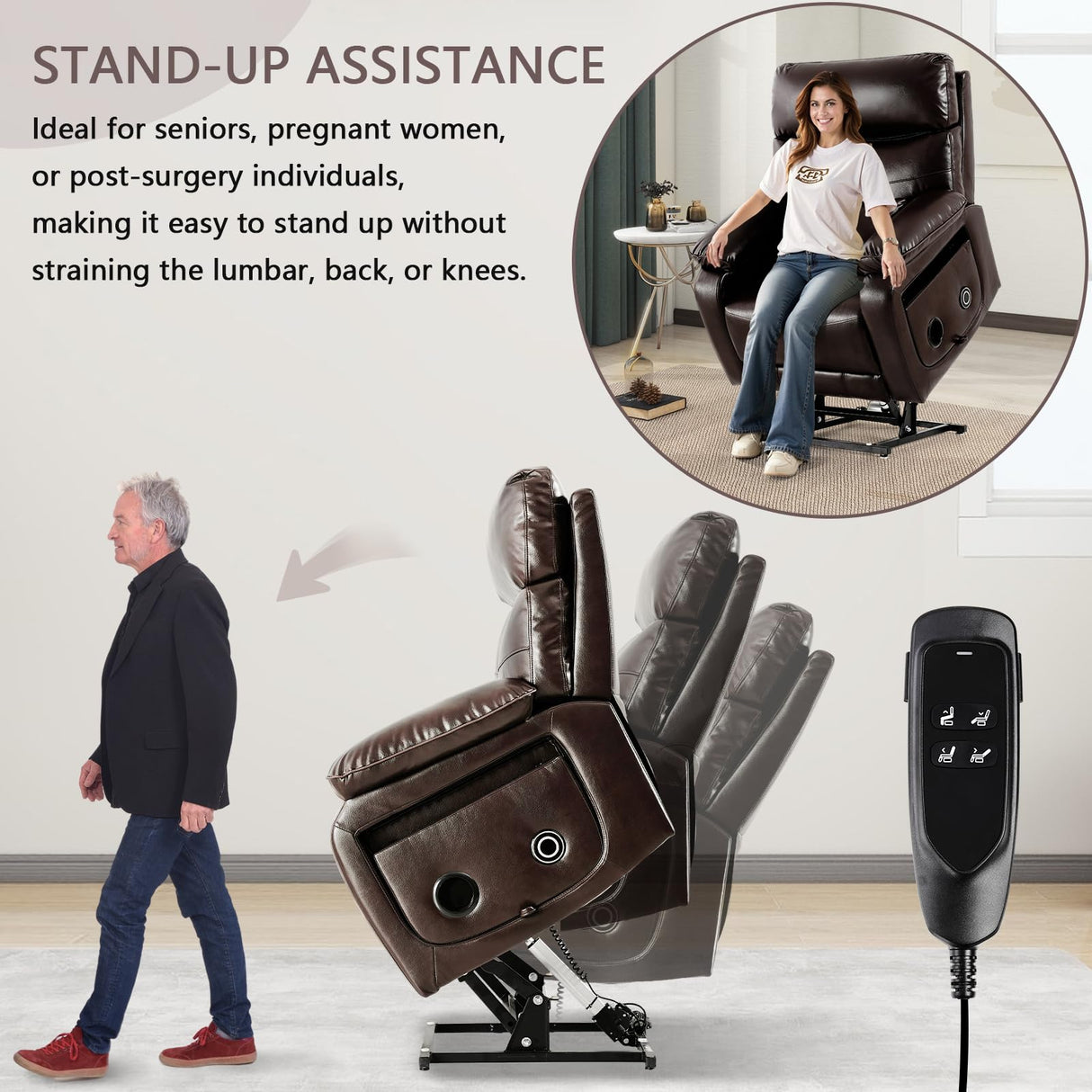 Dual Motor Power Lift Recliner Chair for Adult & Elderly, Infinite Position Lay Flat Lift Chair with Heat & Massage, Cup Holder, Lumbar Pillow, Wireless Charger, USB Ports, Leather (Brown) RESTREAL