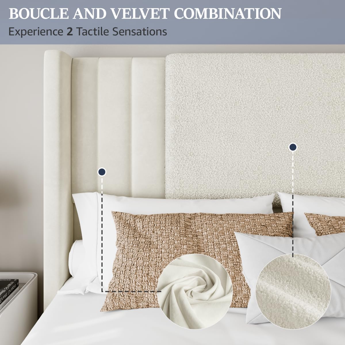 Lihimte Queen Size Bed Frame with Tall Headboard and Footboard, Boucle and Velvet Upholstered Bed Frame Queen with LED Lights, Modern Platform Bed Frames, Noiseless, Easy Assembly, White Lihimte