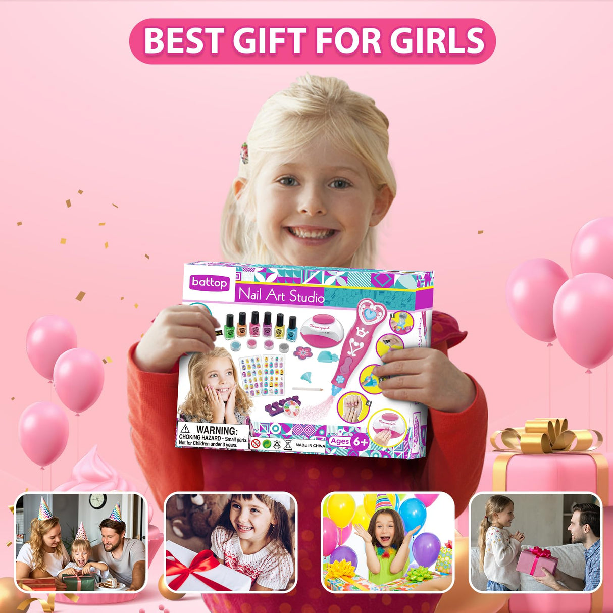 BATTOP Kids Nail Polish Set for Girls, Nail Art Kits with Nail Dryer & Glitter Pen, Quick Dry & Peel Off & Non-Toxic Nail Polish, Christmas Birthday Gifts for Girls Ages 6 7 8 9 10 11 12 BATTOP