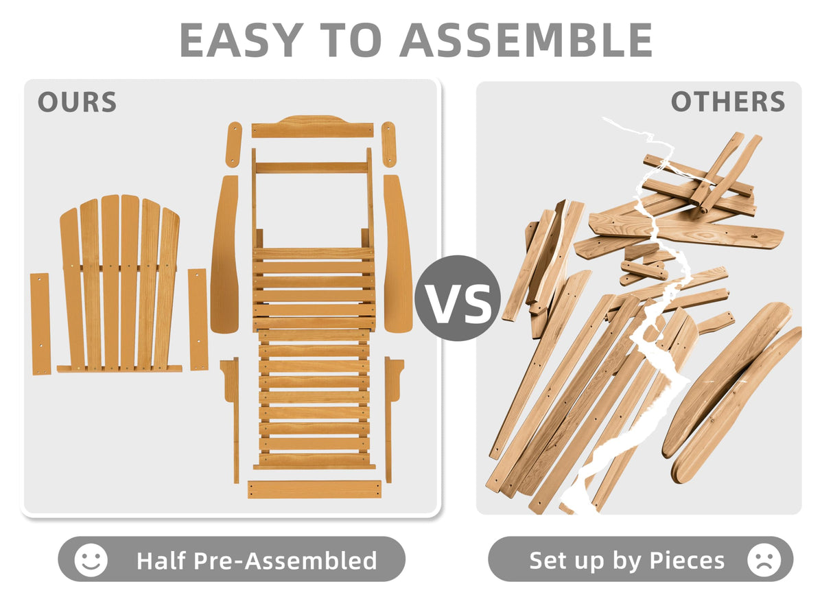 Oversized Outdoor Wooden Folding Adirondack Chair with Retractable Ottoman, Pre-Assembled BackRest & SeatBoard, Wood Patio Chair for Garden Backyard Porch Pool Deck Firepit SoliWood