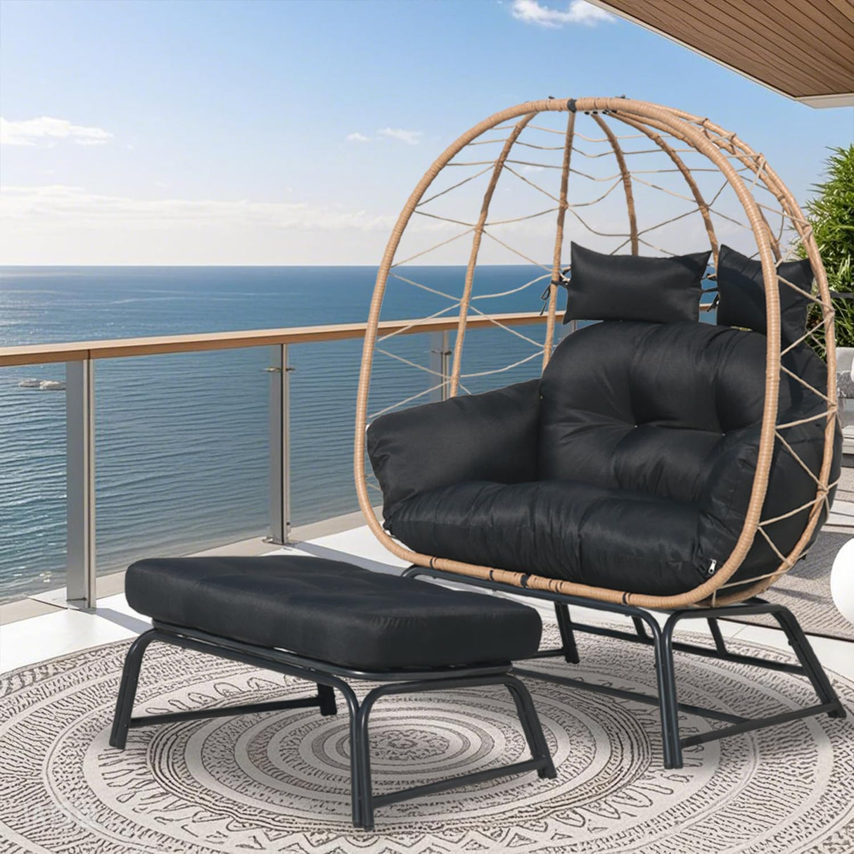 Nevsokio Double Wicker Outdoor Egg Chair,Lounge Chair with Ottoman,Oversized Patio Chair with Footrests,Cushions, Outdoor Indoor Rattan Chair (Rope, Black) Nevsokio