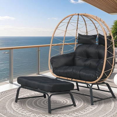 Nevsokio Double Wicker Outdoor Egg Chair,Lounge Chair with Ottoman,Oversized Patio Chair with Footrests,Cushions, Outdoor Indoor Rattan Chair (Rope, Black)