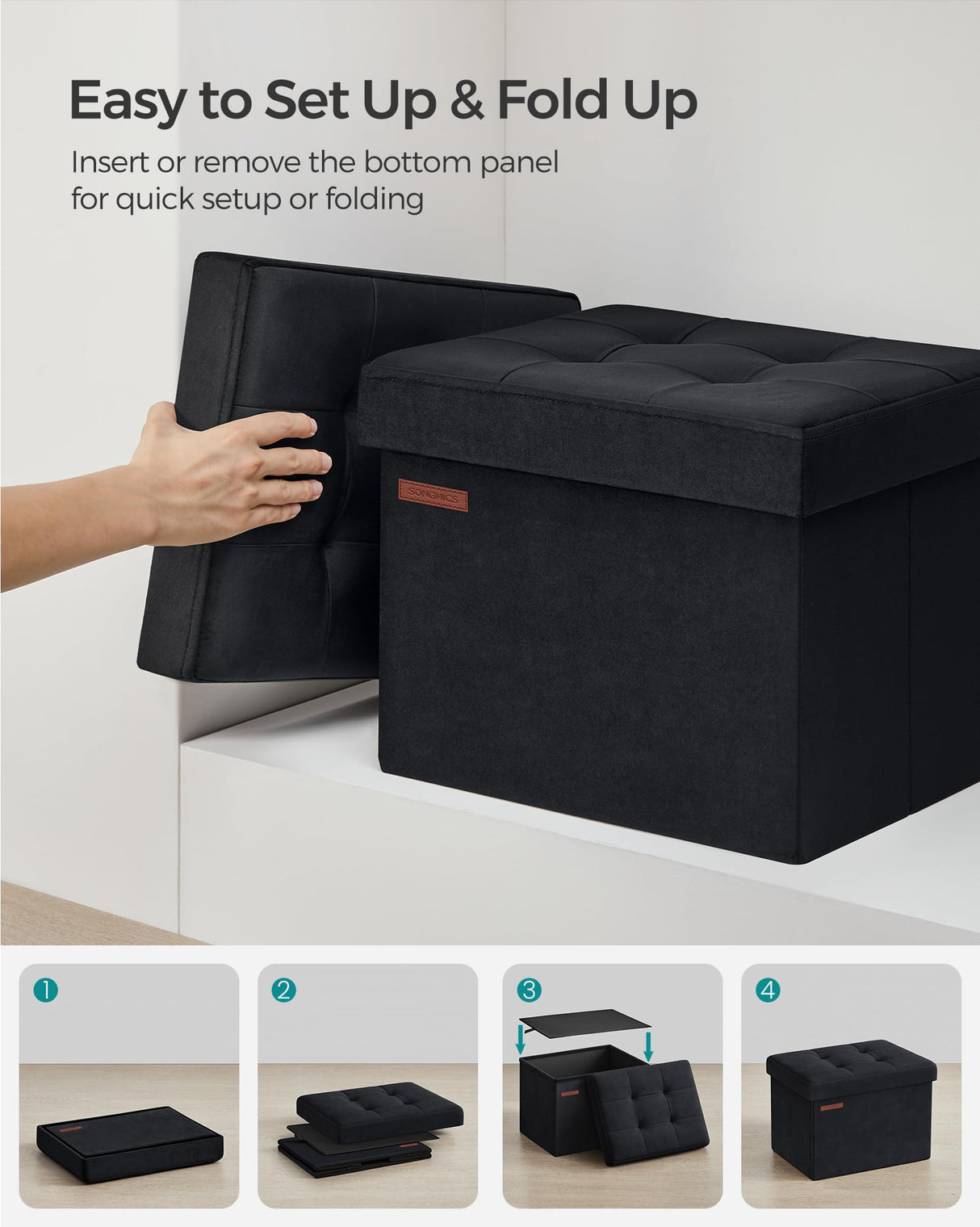 SONGMICS Storage Ottoman, Foldable Small Ottoman Foot Rest, 12.2 x 16.1 Inches Foot Stool, Load up to 286 lb, for Living Room, Bedroom, Dorm, Ink Black ULSF200B01 SONGMICS