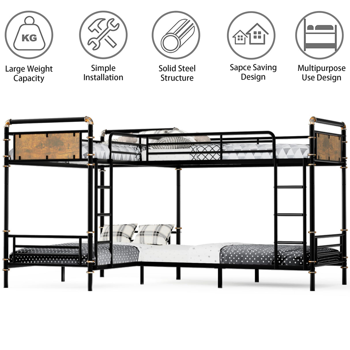 Mirightone Metal Quad Bunk Bed, Heavy Duty Industrial L-Shaped Bunk Bed with Ladders, Detachable Corner 4 Bed Bunk Bed for Kids, Teens, Space Saving Design,Can Be Divided Into 3 Twin Beds, Black Mirightone