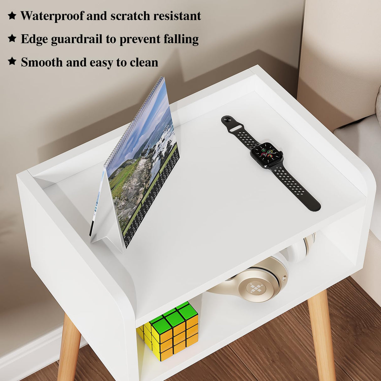 LUCKNOCK Night Stand, Modern Bedside Tables, Mid Century Nightstands with Open Storage Shelf, Wood Bedside Table, Small Night Stands for Bedroom, High Night Table, White. LUCKNOCK