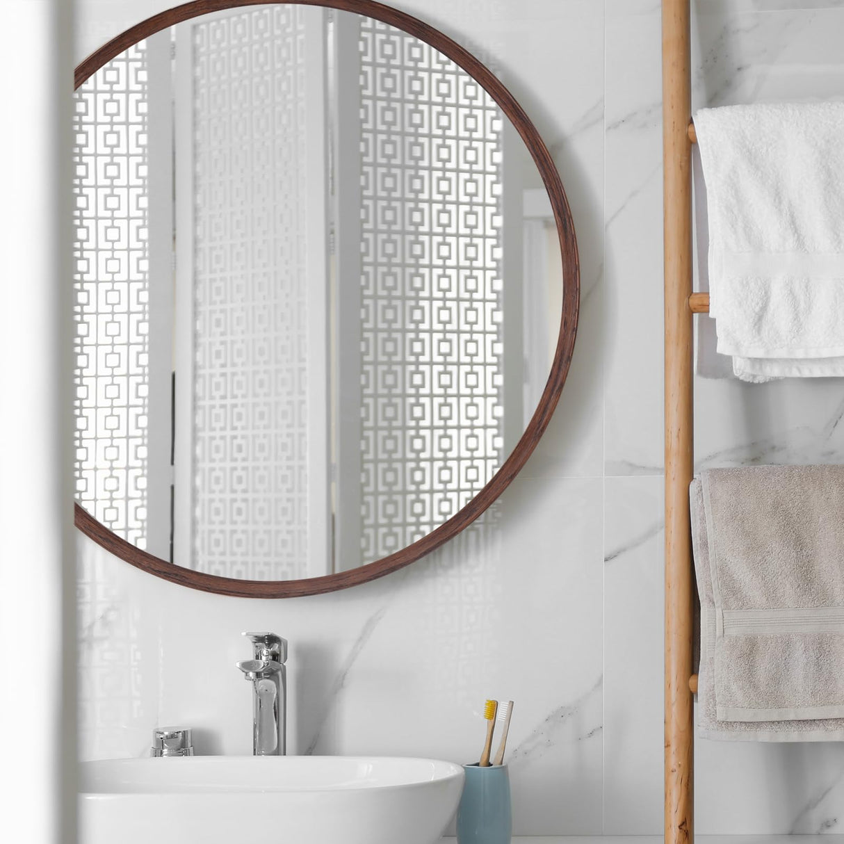 EssOAKence Round Solid Oak Wood Mirror, 24x24 Inch Medium Size, Walnut Frame, Modern Decorative Wall Makeup Mirror for Bathroom, Bedroom, Living Room(Walnut, 24" x 24") EssOAKence