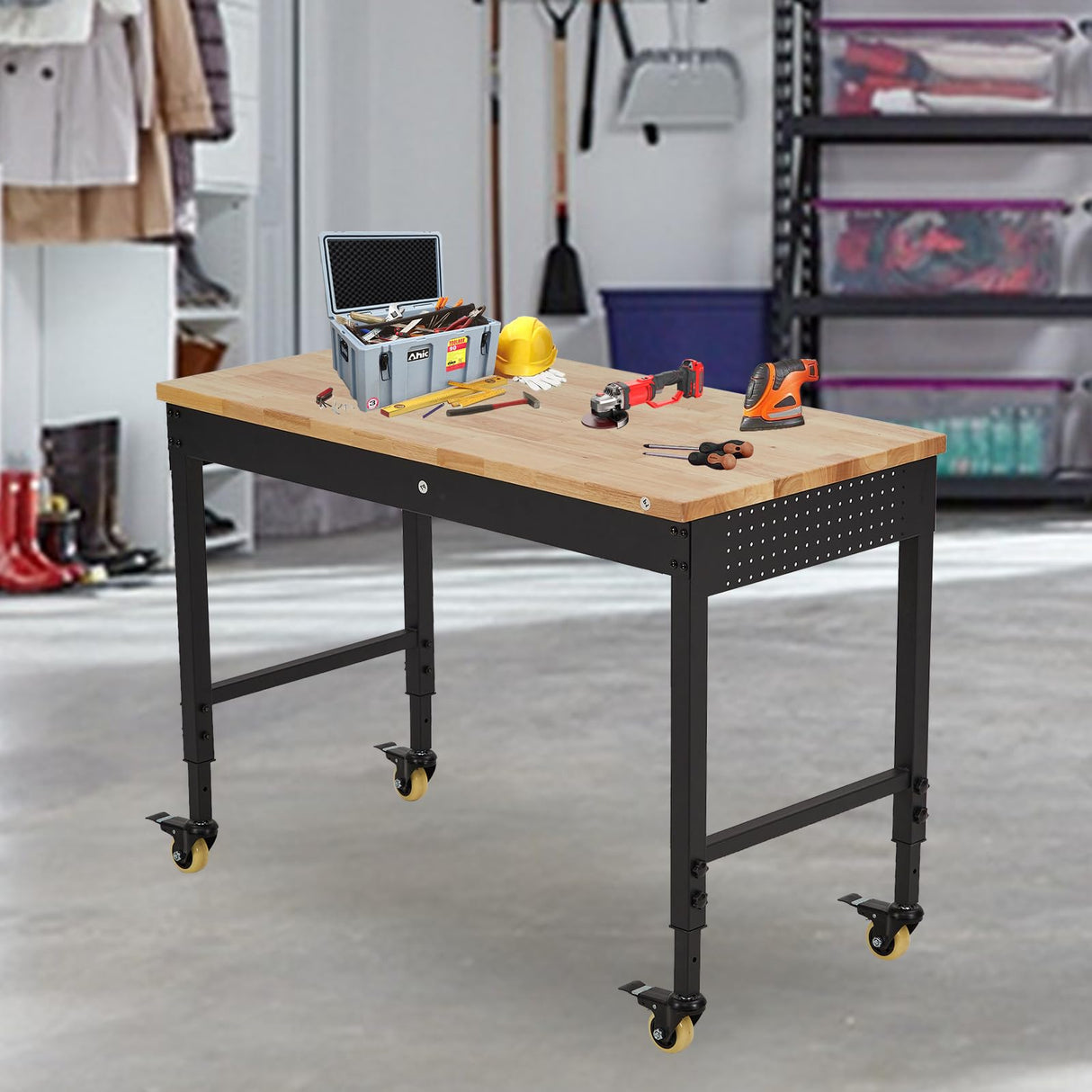 ACONEE 48" Adjustable Workbench, Heavy Duty Workstation 2000 LB Load Capacity, Rubber Wood Top Workstation with Drawer & 4 Rolling Casters, Power Outlets, Metal Frame, Workbench for Workshop Garage ACONEE