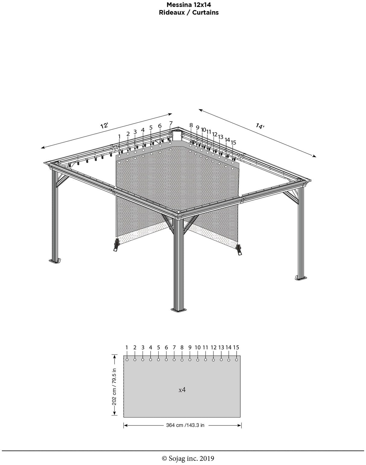Sojag Accessories Set of 4 12' x 14' Curtains for Monaco/Messina/Mykonos Outdoor Gazebo Models, Grey Sojag