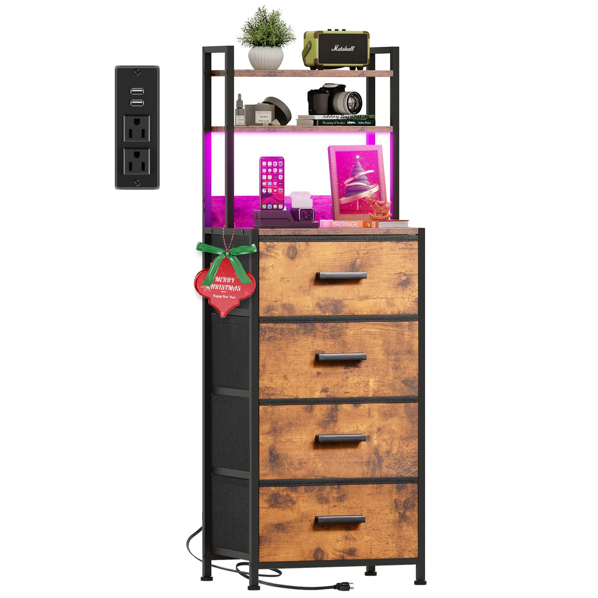 Nightstand 4 Drawer Dresser with LED Lights, Charging Station, Vertical Side Table with Fabric Drawers, End Table with 3 Open Shelves, Tall Dresser for Bedroom, Hallway, Entryway, Rustic Brown EKNKOZY