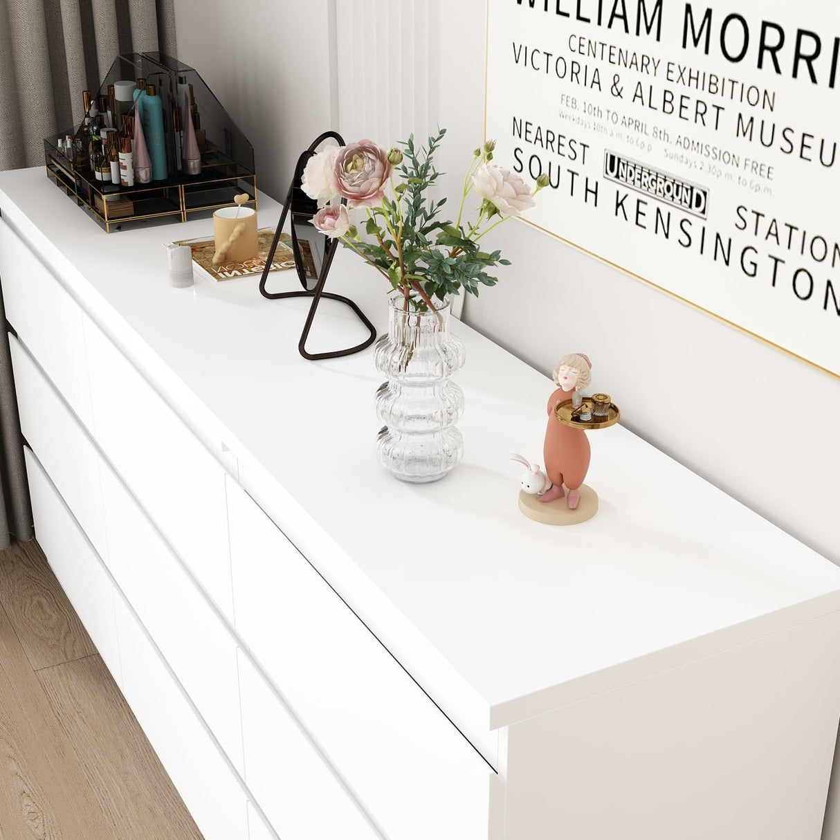 TAMUNE L-Shaped Dressing Table with 9 Drawers, Extendable Vanity Desk and Dresser Combo, Wood Vanity Dresser Makeup Desk, Wide Desktop, for Bedroom Dressing Room, White (70.9”W x 47.2”D x 31.7”H) TAMUNE