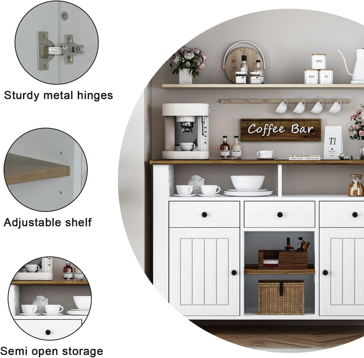 Elegant White Coffee Bar Cabinet with Storage - 47'' Farmhouse Buffet with 3 Drawers, 2 Doors, and Open Shelf 4ever2buy