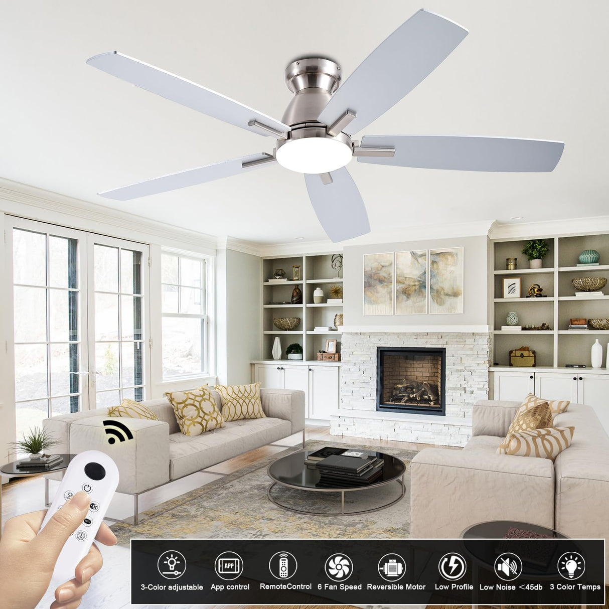 NKPU Ceiling Fans with Lights, 52 Inch Low Profile Ceiling Fan with Light and Remote Control, Flush Mount, DC Reversible Motor, Dimmable LED Ceiling Fans for Bedroom,Indoor/Outdoor Patio Use(Nickel) NKPU