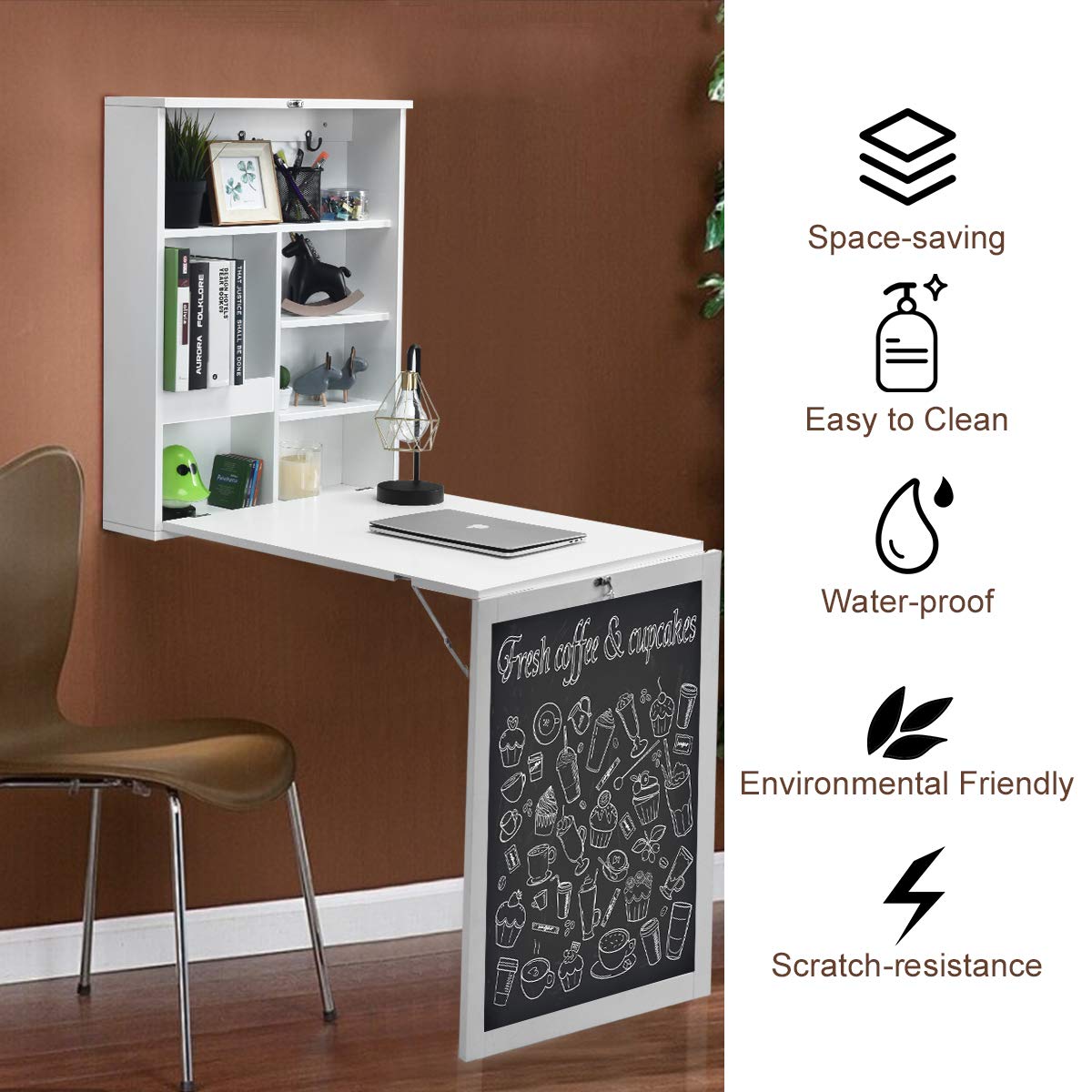 Tangkula Folding Floating Desk with Chalkboard, Wall Mounted Space Saving Fold Up Convertible Table with Storage Shelves & Hooks (White) Tangkula