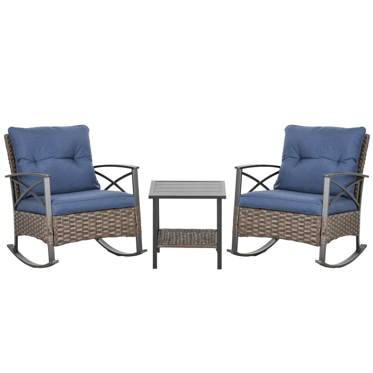 Outsunny 3 Piece Patio Rocking Chair Set, Outdoor Wicker Bistro Set with 2 Cushioned Porch Rockers and 2 Tier Coffee Table for Garden, Porch, Backyard, Dark Blue Outsunny