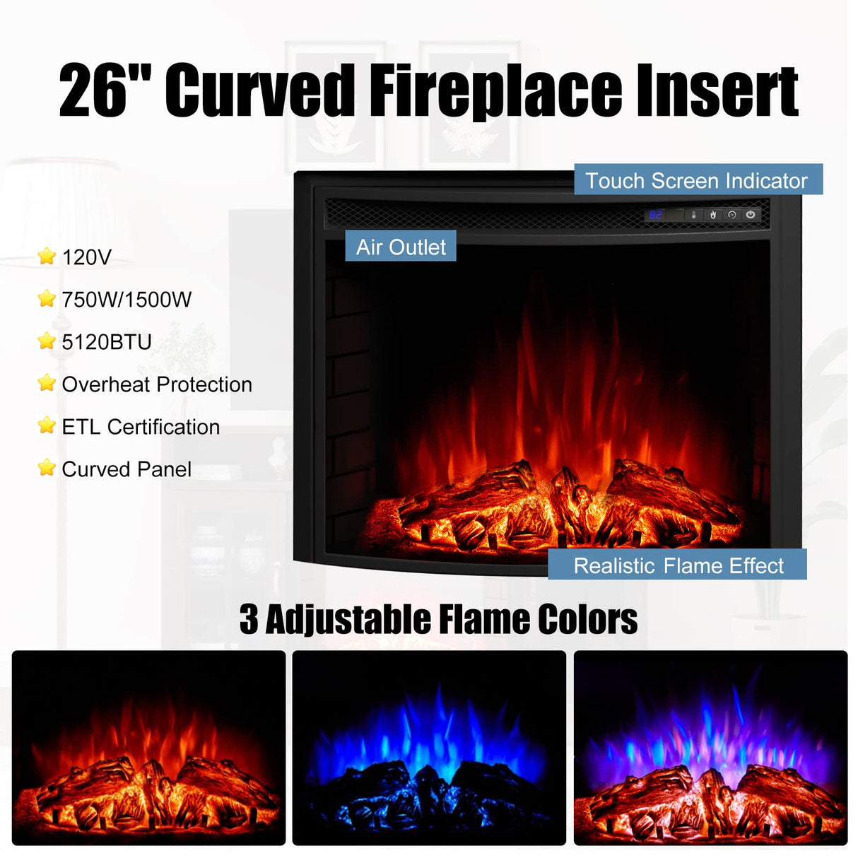 AMERLIFE Curved Fireplace TV Stand with 26'' Electric Fireplace, Media Entertainment Center Farmhouse Glass Door Storage Cabinet, Open Shelve Console Table for TVs up to 65'', Distressed White AMERLIFE