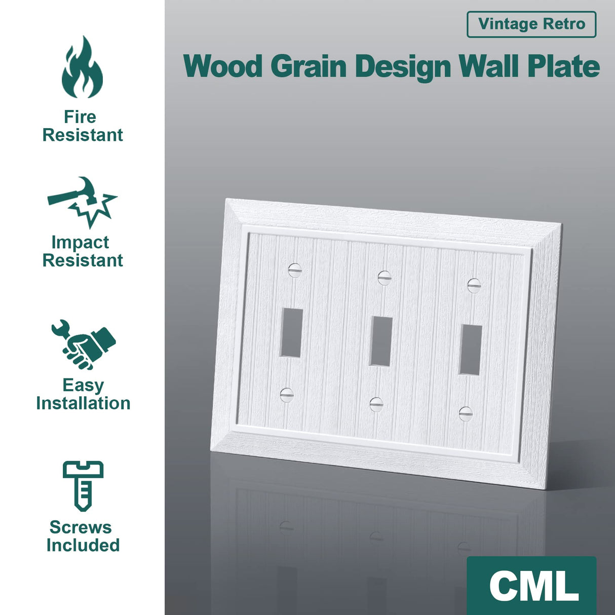 CML Classic Triple Toggle Switch Wall Plate, 3-Gang Outlet Cover, 2 Pack, Vintage Retro Wood Grain Design Beadboard Wallplate, Impact Resistant, Standard Size 6.87”X 4.87”, White CML Hardware